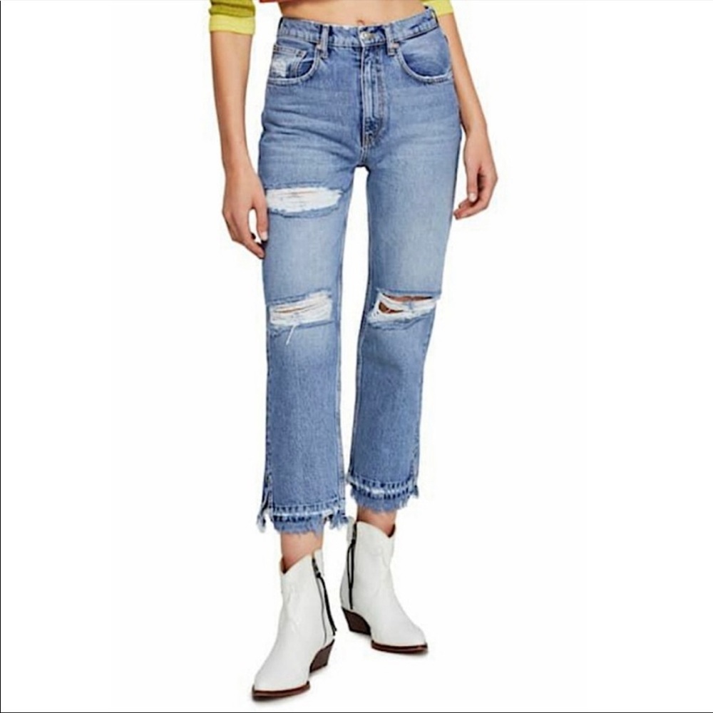 FREE PEOPLE Lita Jeans High Rise Distressed Straight Leg Crop Raw Hem Size 26